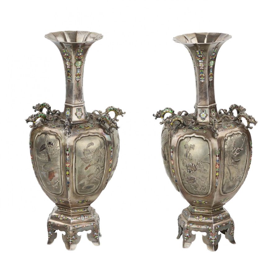 Antique A pair of elegant Japanese vases made of silver and enamel. The turn of the 19th-20th centuries.