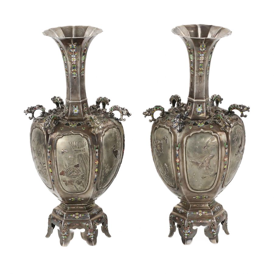 Antique A pair of elegant Japanese vases made of silver and enamel. The turn of the 19th-20th centuries.