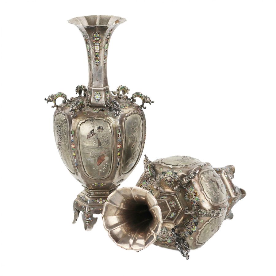 Antique A pair of elegant Japanese vases made of silver and enamel. The turn of the 19th-20th centuries.