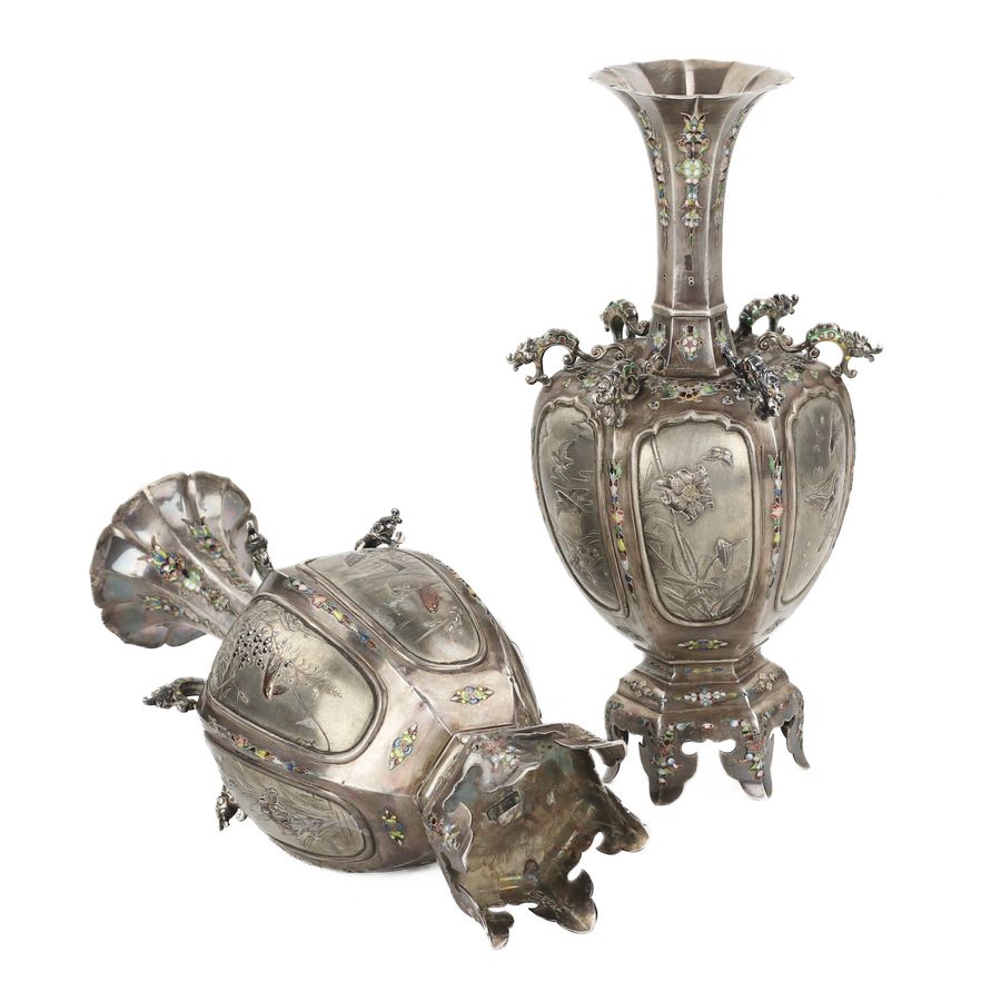 Antique A pair of elegant Japanese vases made of silver and enamel. The turn of the 19th-20th centuries.