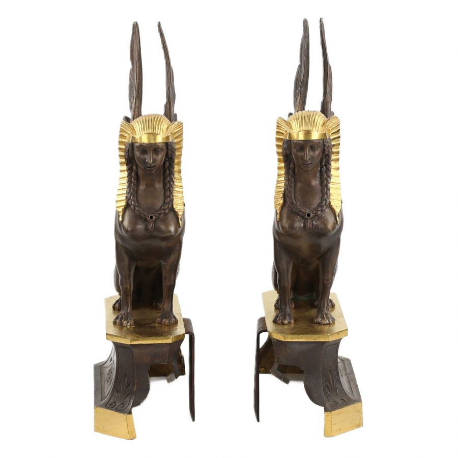 Antique A pair of patinated and gilded bronze firewood stands in the shape of winged sphinxes. 19th century.