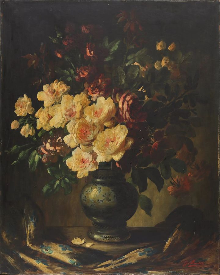 Antique Still life with a bouquet of roses. C.BARDET. The turn of the 19th - 20th centuries.