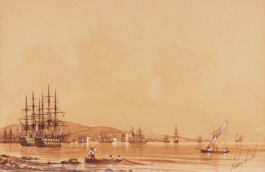 Antique Ivan Aivazovsky. Watercolor. Crimean harbor. 1817-1900