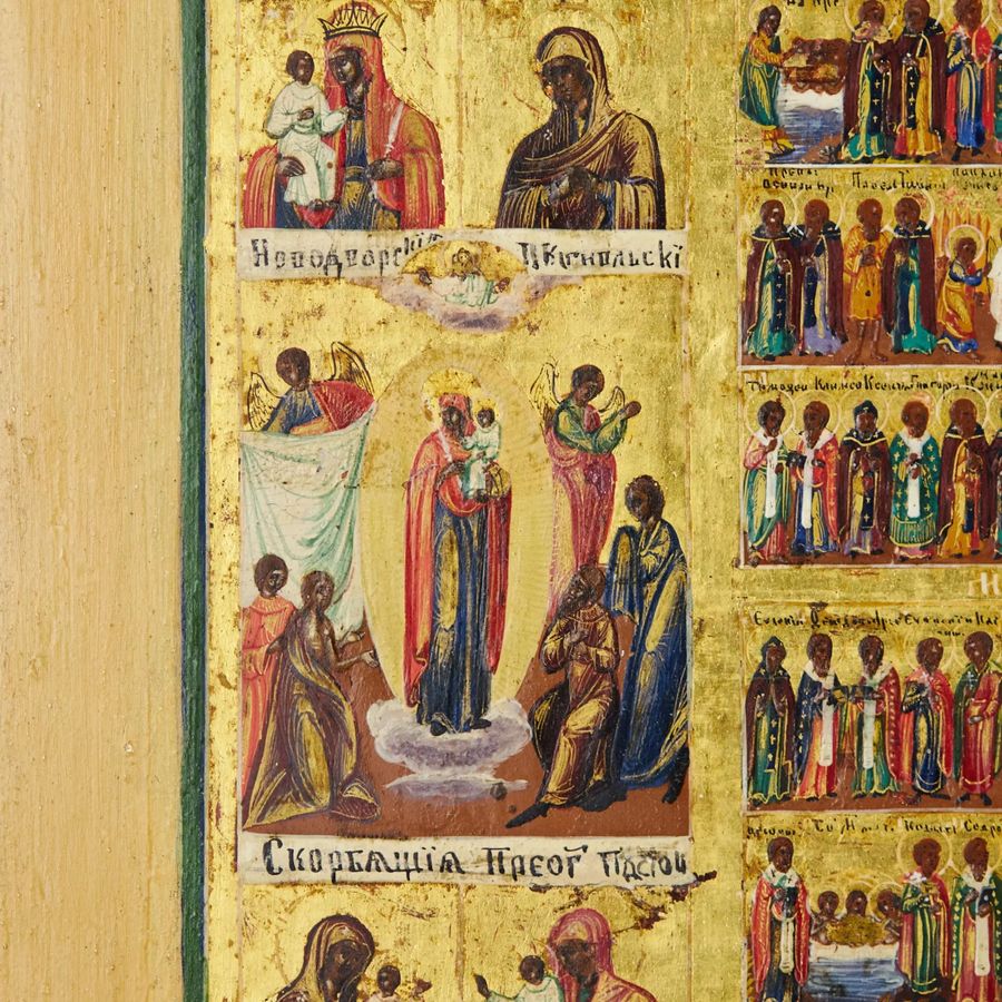 Antique A magnificent icon of the Feasts with an annual menaion and a two-row cycle of Mother of God icons. Russia.19th century.