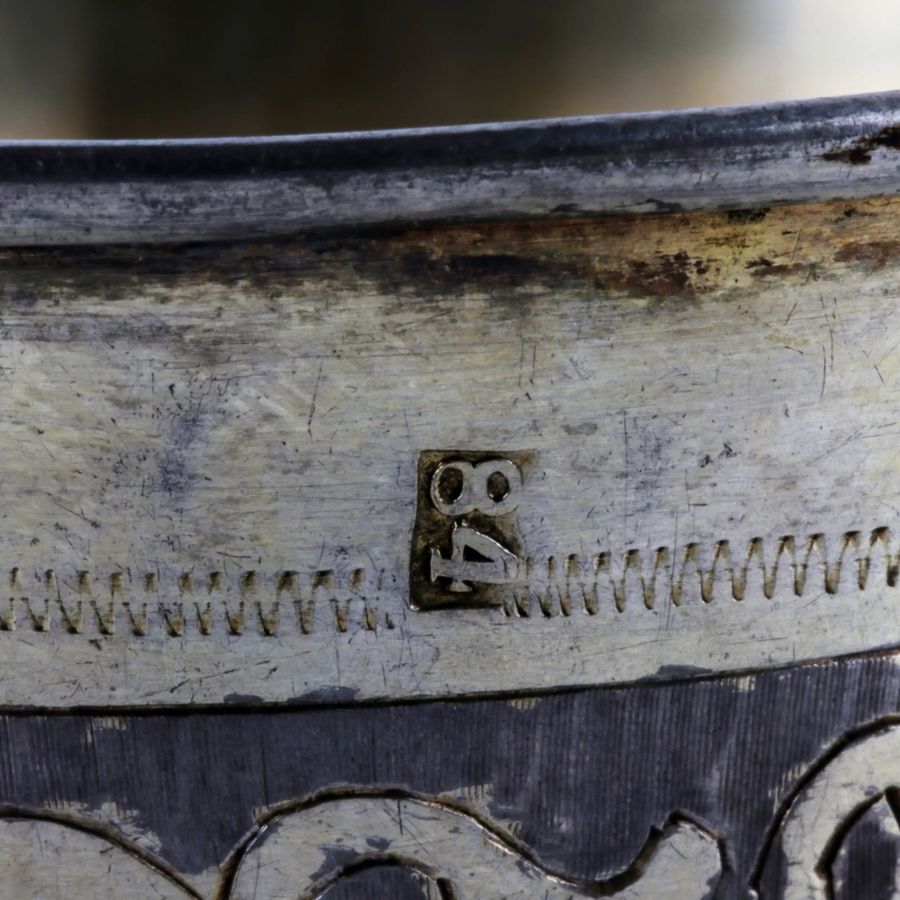 Antique Russian  silver vodka cup with city views.