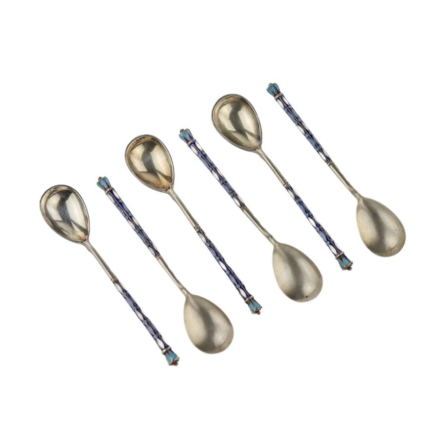 Antique A set of teaspoons decorated with enamel in the original case. Moscow 1908-1917.