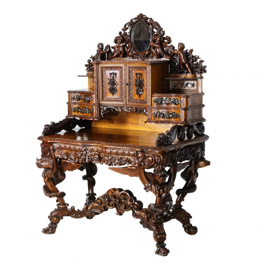 Antique Magnificent carved bureau table in the Baroque neo-Gothic style. France 19th century.