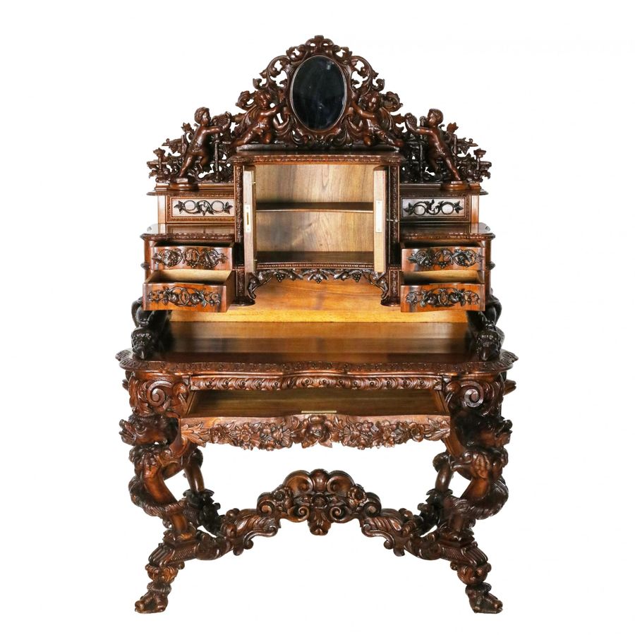 Antique Magnificent carved bureau table in the Baroque neo-Gothic style. France 19th century.