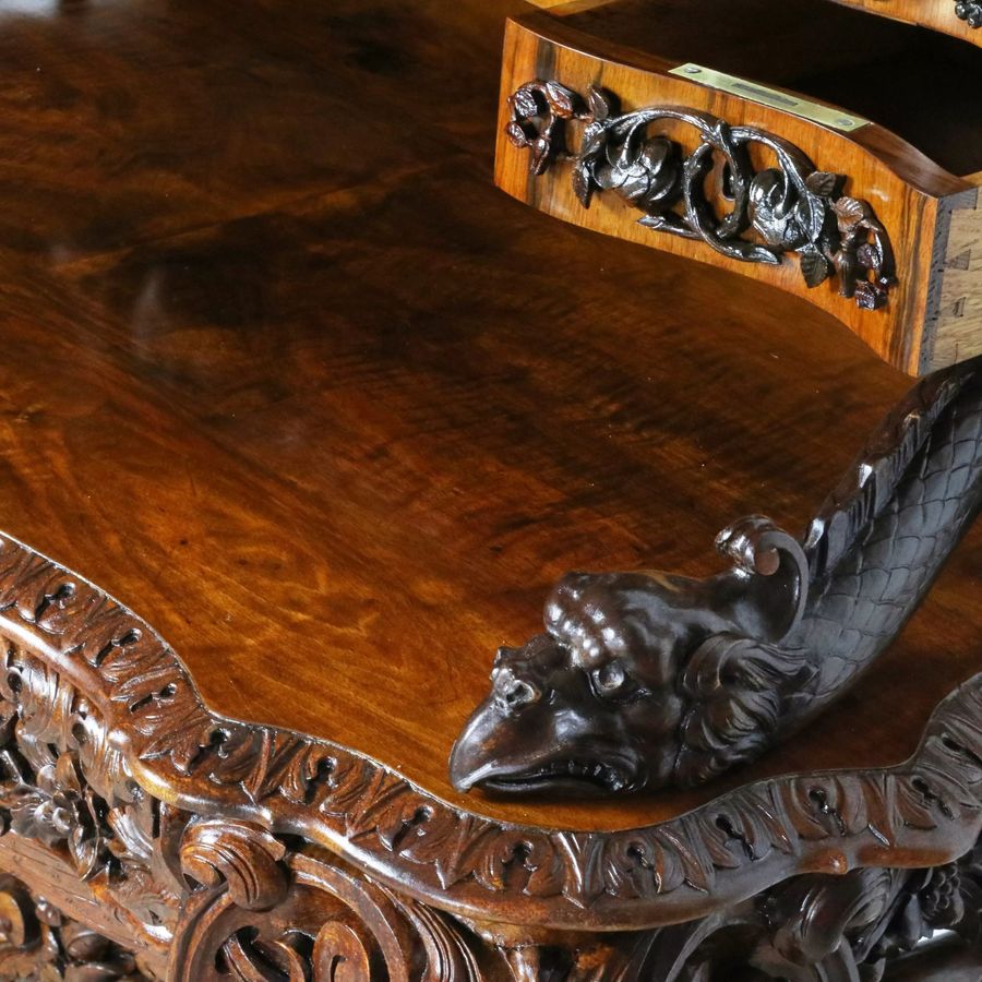 Antique Magnificent carved bureau table in the Baroque neo-Gothic style. France 19th century.