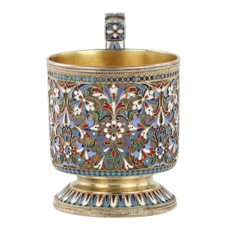 Antique N.V. Alekseev. Silver glass holder in cloisonné enamels. Moscow. The turn of the 19th and 20th centuries.