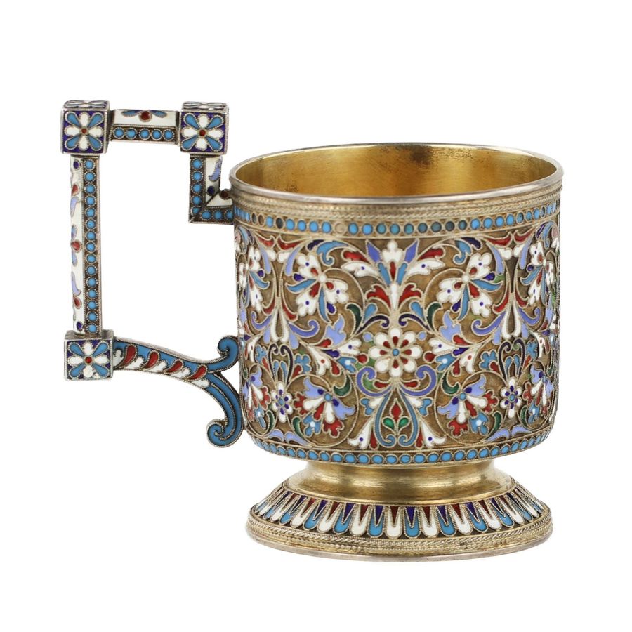 Antique N.V. Alekseev. Silver glass holder in cloisonné enamels. Moscow. The turn of the 19th and 20th centuries.