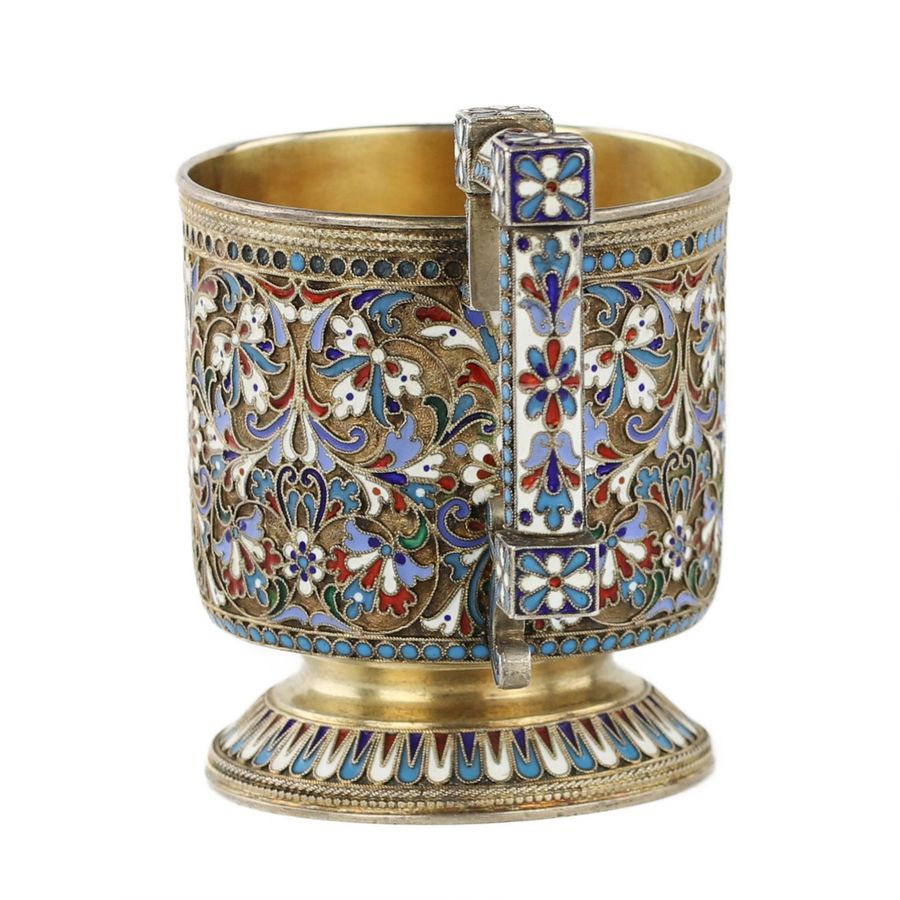 Antique N.V. Alekseev. Silver glass holder in cloisonné enamels. Moscow. The turn of the 19th and 20th centuries.