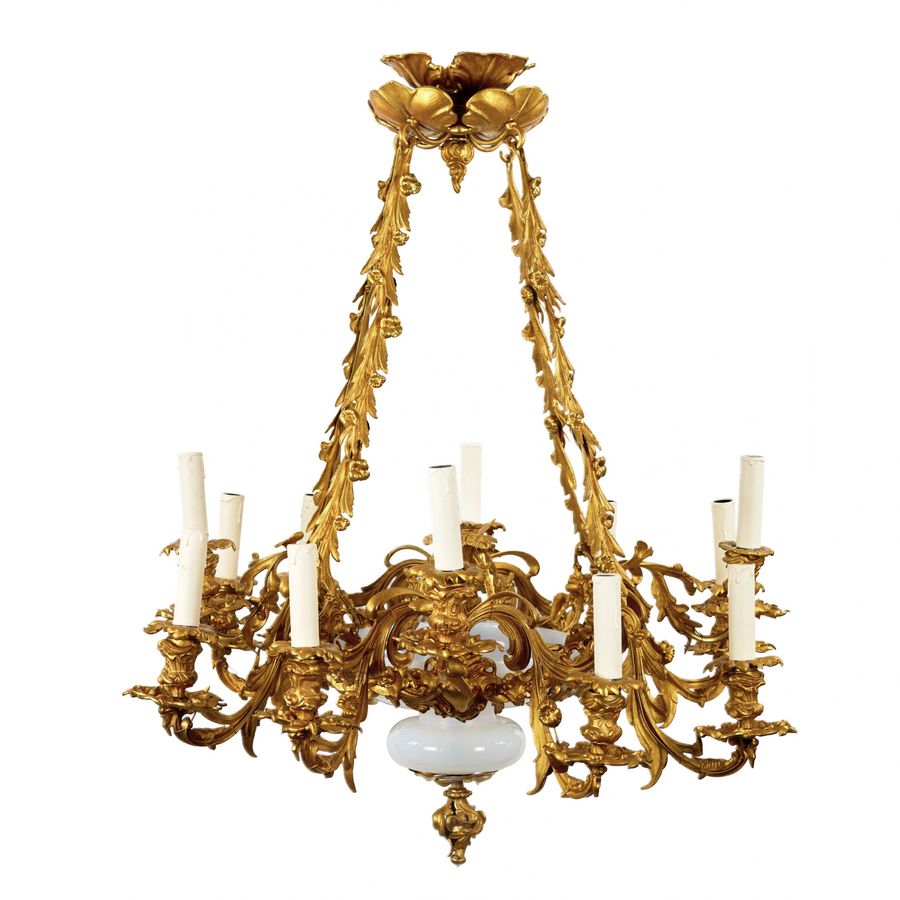 Antique Bronze, gilded chandelier with Art Nouveau elements, 1900