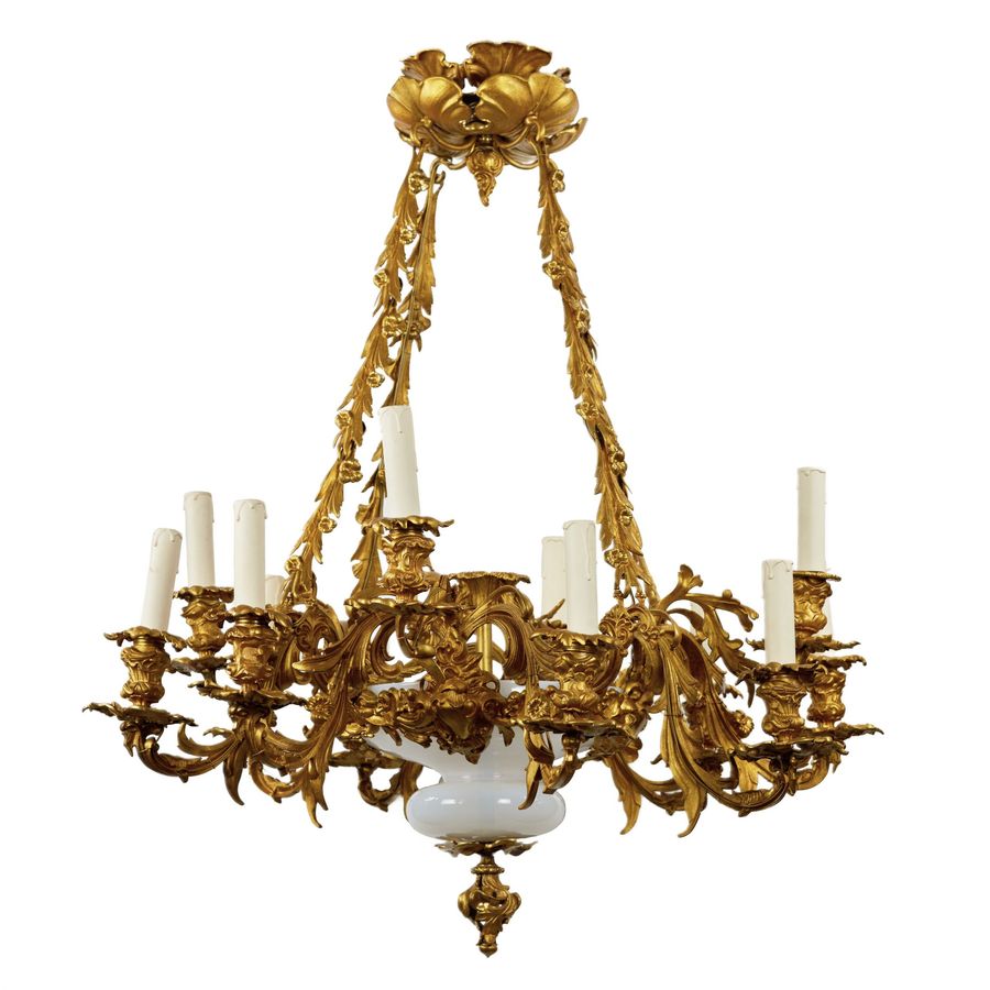 Antique Bronze, gilded chandelier with Art Nouveau elements, 1900