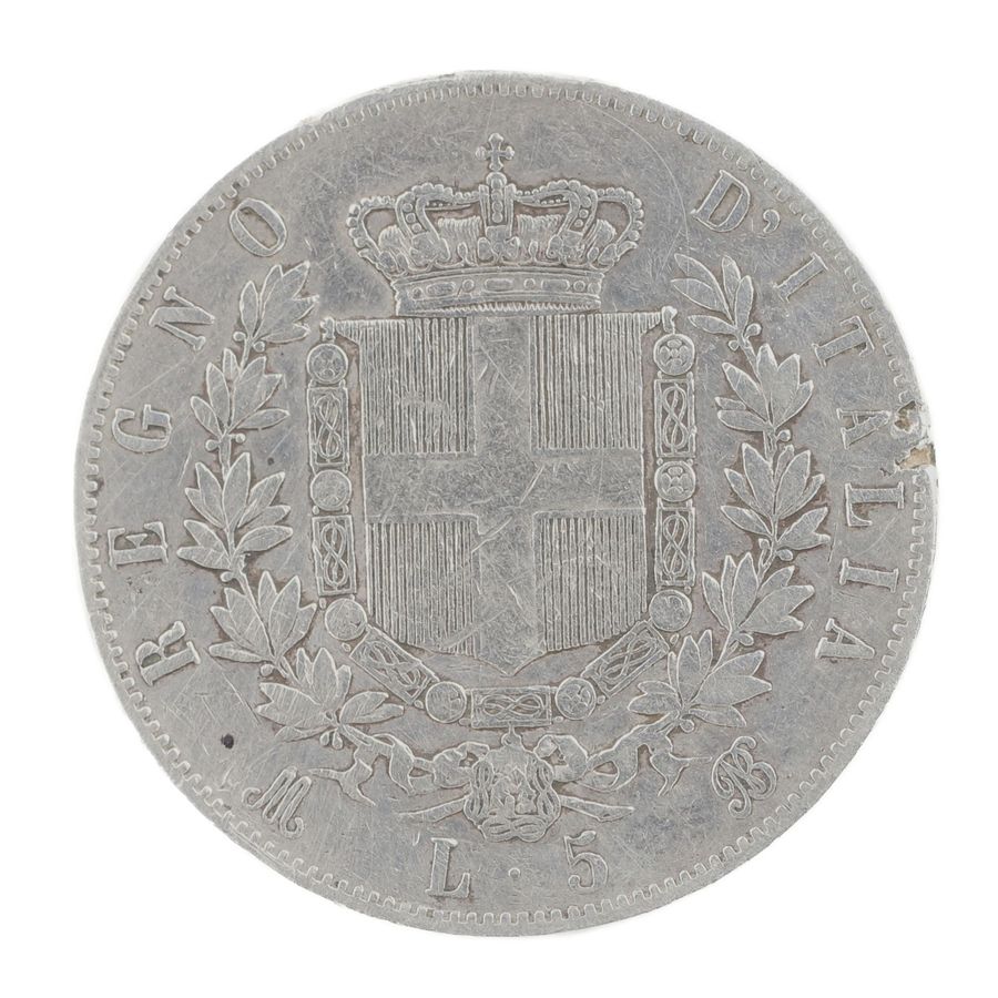 Antique Silver coin five liras. Italy 1873.