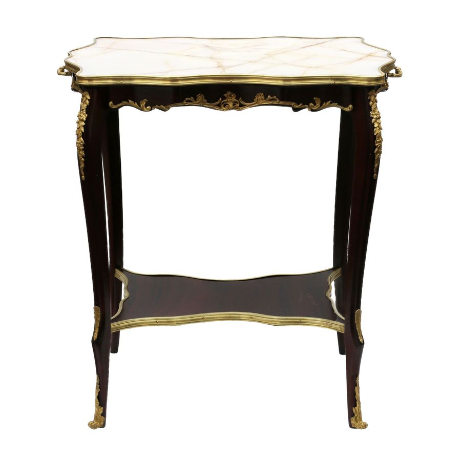 Antique Serving table mahogany, gilded bronze with a marble top of the turn of the 19th and 20th centuries.