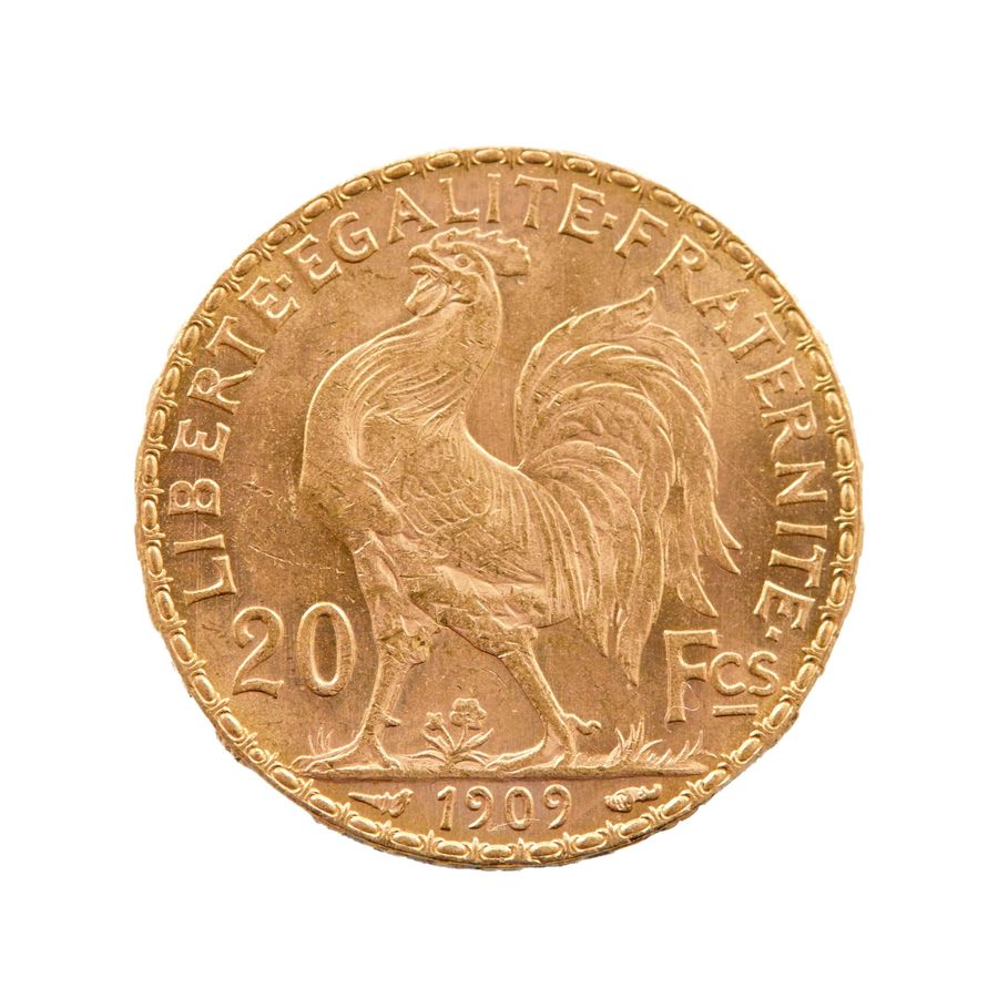 Antique Gold coin, France, 20 francs 1909