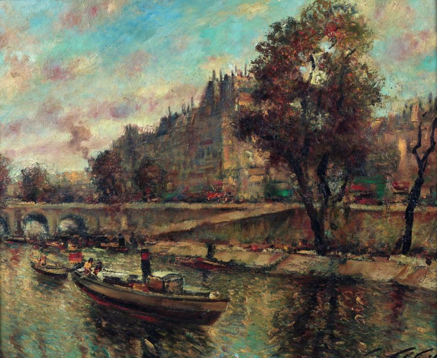 Antique L. Libert. View of Paris from the Seine.