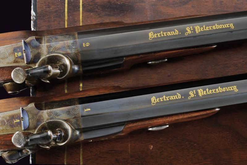 Antique A pair of dueling pistols from the court gunsmith of Nicholas I - Bertrand. Saint Petersburg. Mid-19th century.