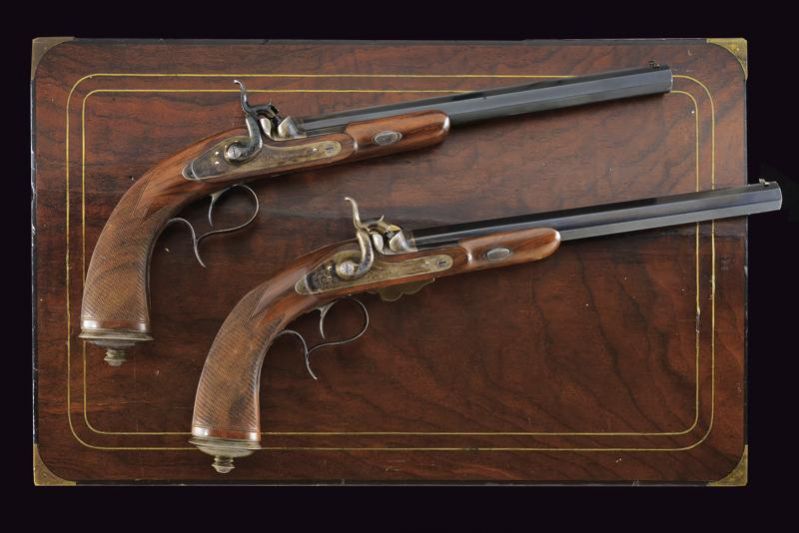 Antique A pair of dueling pistols from the court gunsmith of Nicholas I - Bertrand. Saint Petersburg. Mid-19th century.