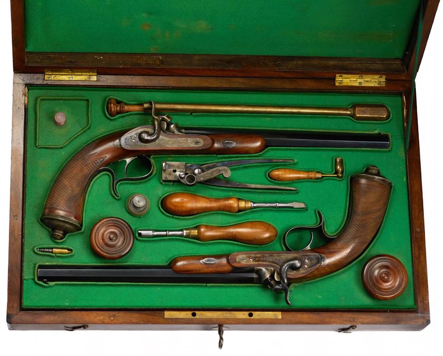 Antique A pair of dueling pistols from the court gunsmith of Nicholas I - Bertrand. Saint Petersburg. Mid-19th century.