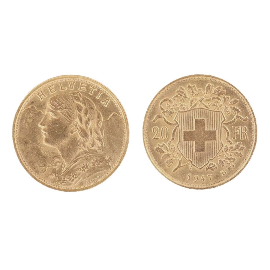 Gold coin 20 Swiss francs. 1947.