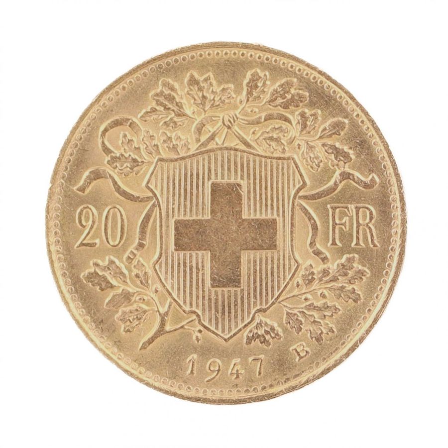 Antique Gold coin 20 Swiss francs. 1947.