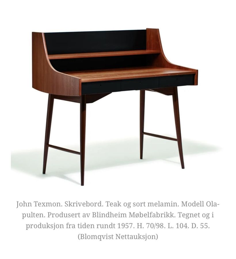 Antique A Ola-pulten writing desk, designed by John Texmon for Blindheim Møbelfabrikk, in production from approx 1957.