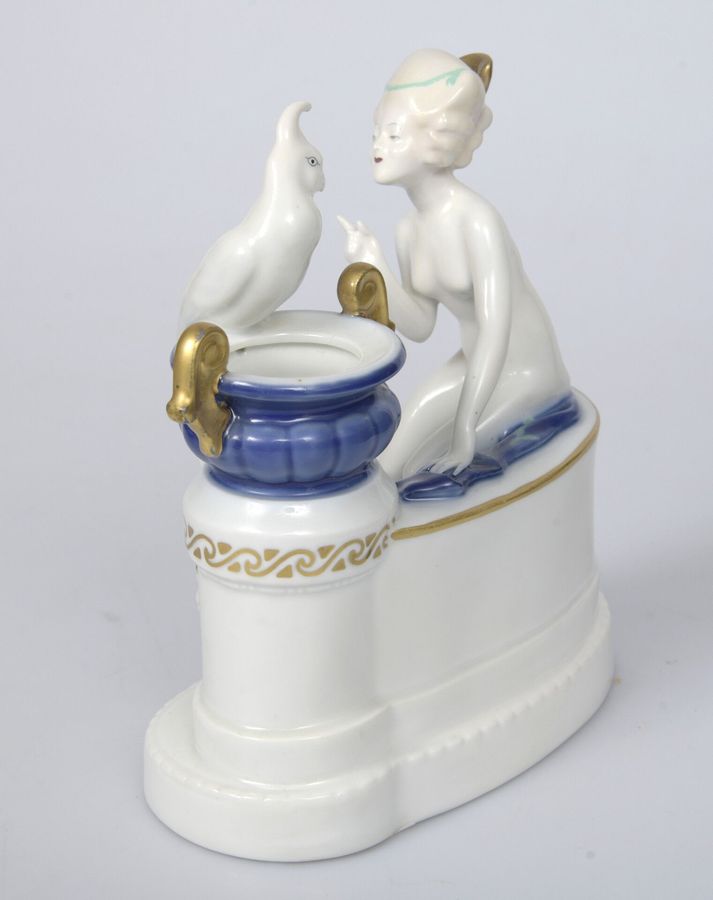 Antique Porcelain figure Naked girl with a parrot