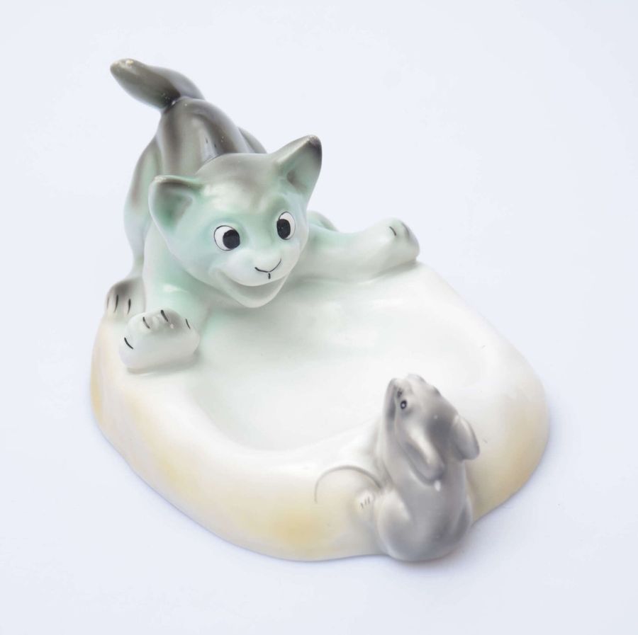 Antique Porcelain ashtray Cat and mouse