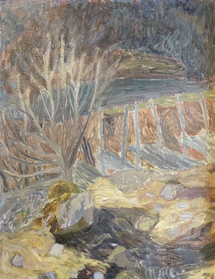 Antique Gudbrandsdal Landscape by Atle Urdal (1913–1988), Oil on Plate. Norway.