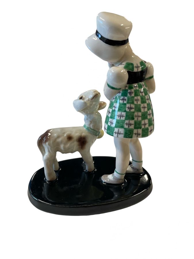 Antique Goldscheider - Claire Weiss - Figurine of Standing Girl with Hat and Lamb - Earthenware