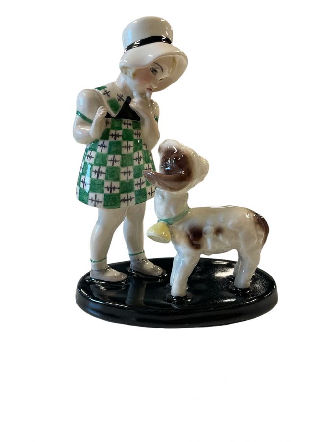 Antique Goldscheider - Claire Weiss - Figurine of Standing Girl with Hat and Lamb - Earthenware