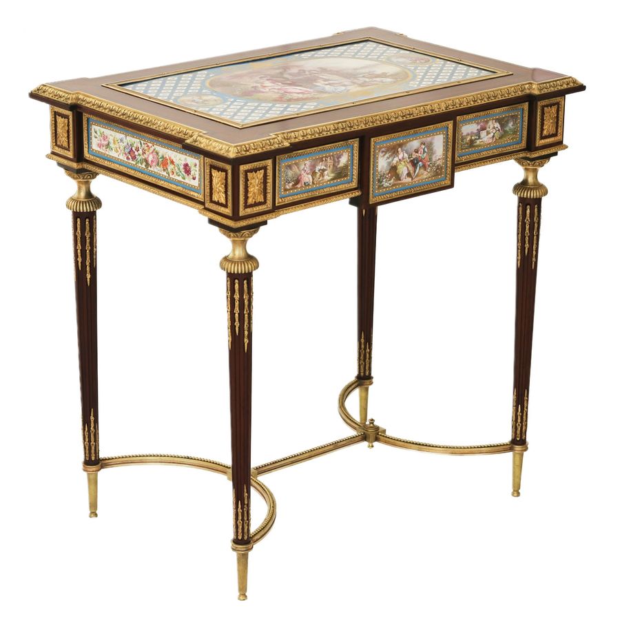 A magnificent ladies table with gilded bronze decor and porcelain panels in the style of Adam Wei...