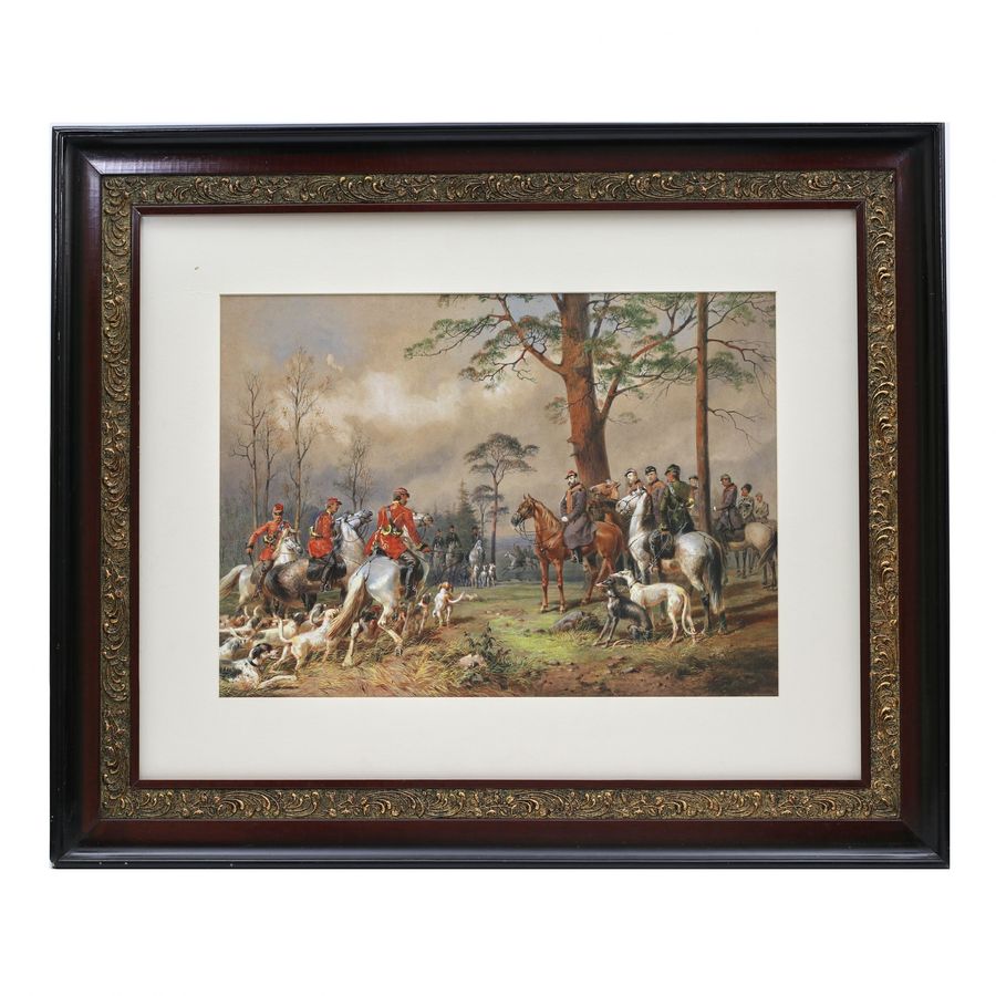 M.A. Zichy. Watercolor. Horse hunting of Alexander II near St. Petersburg.