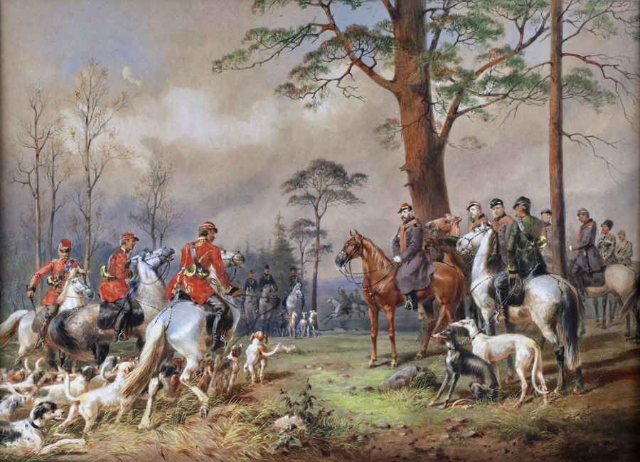 Antique M.A. Zichy. Watercolor. Horse hunting of Alexander II near St. Petersburg.