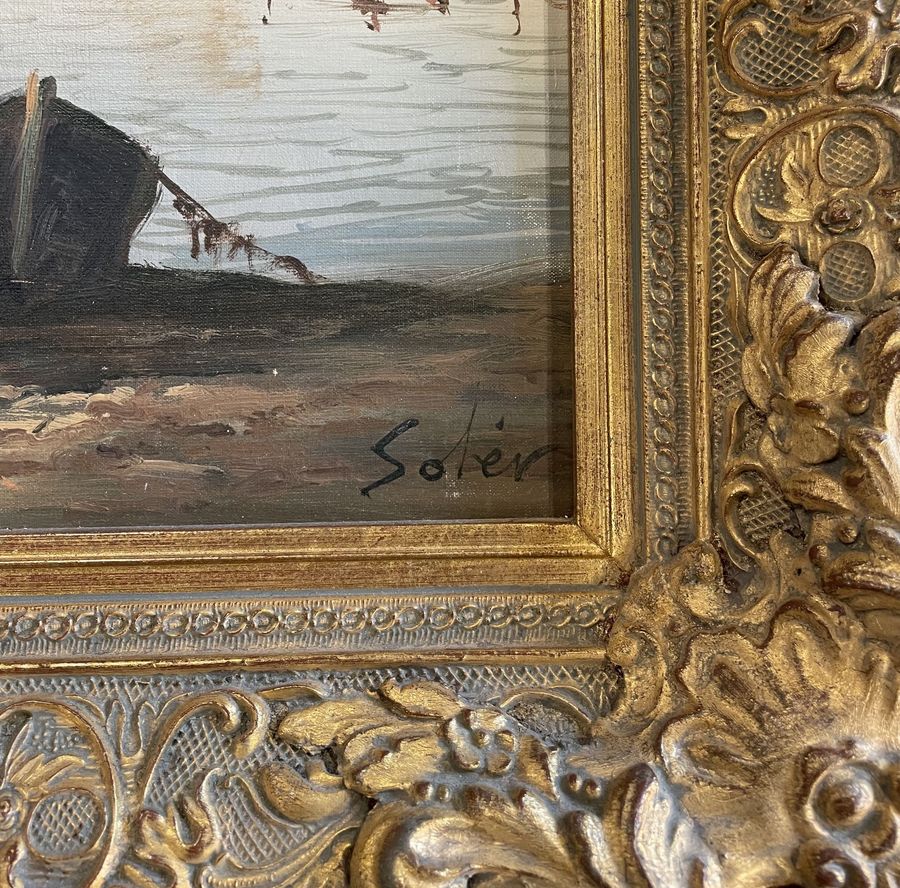 Antique Sailing Boats in Harbor, Oil on Canvas, Mid-20th Century