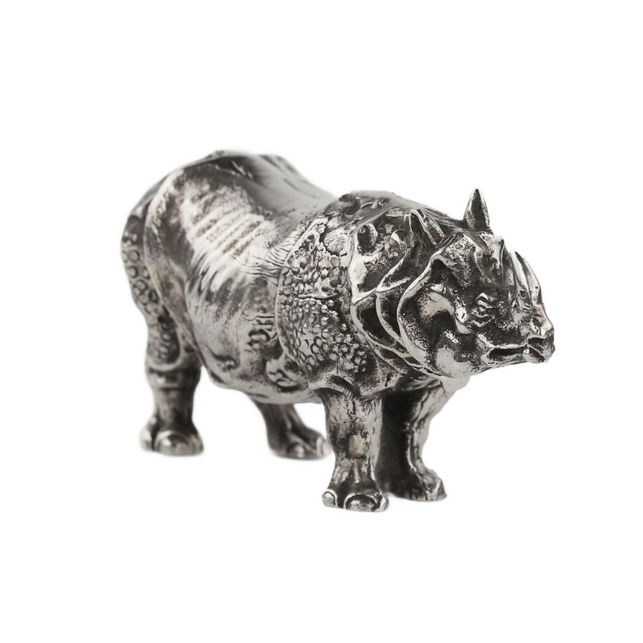 Antique Realistic silver figurine Rhinoceros. Italy, 20th century.