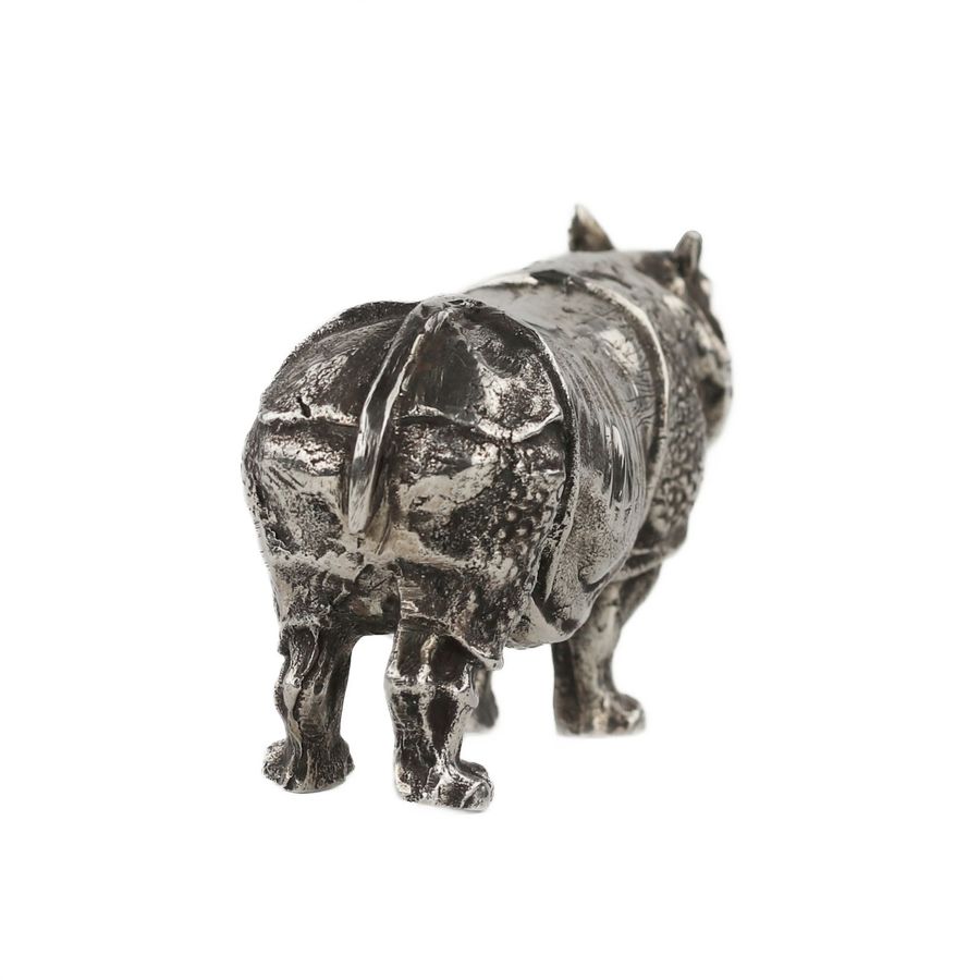 Antique Realistic silver figurine Rhinoceros. Italy, 20th century.