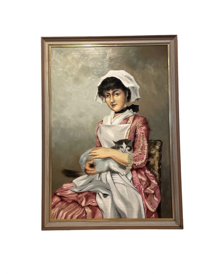 Antique European School, Portrait of a Lady with Cat, Mid-20th Century.