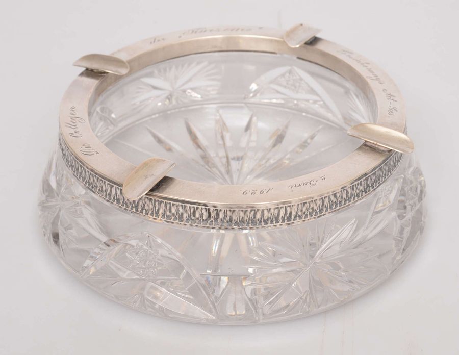 Antique Crystal ashtray with silver finish and engraving