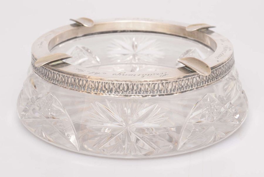 Antique Crystal ashtray with silver finish and engraving