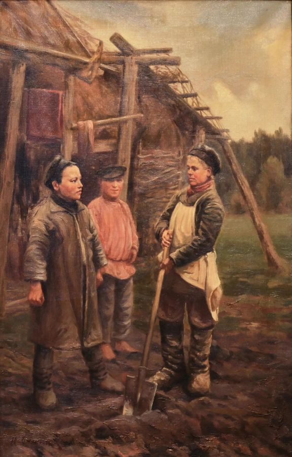 Antique Painting Peasant Children. Balunin M.A.