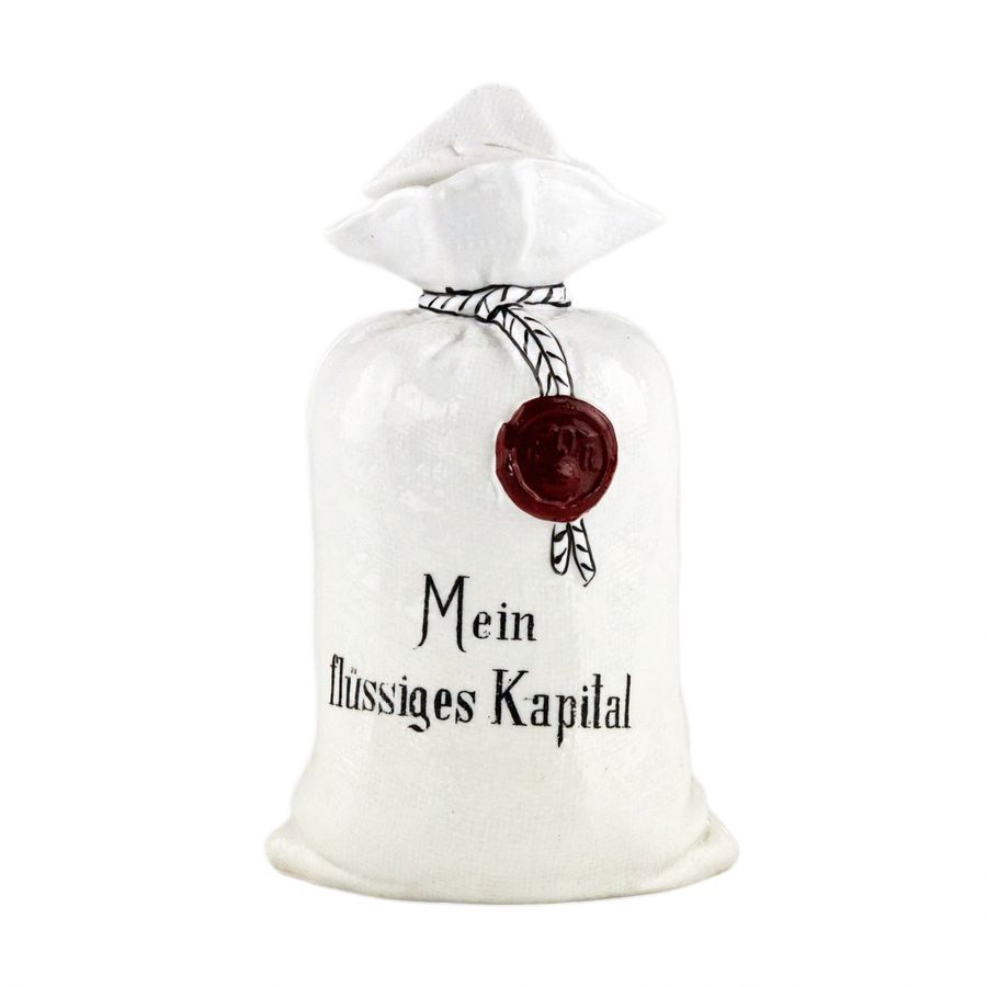 Porcelain bottle Mein flüssiges Kapital, in the shape of a canvas money bag.