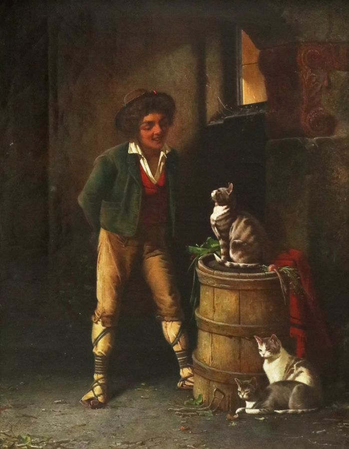 Antique A. Rizzoni. Genre scene Game with cats.