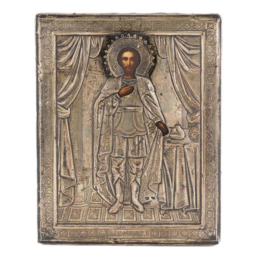 Icon of the Holy Blessed Prince Alexander Nevsky in a silver frame. The turn of the 19th-20th cen...