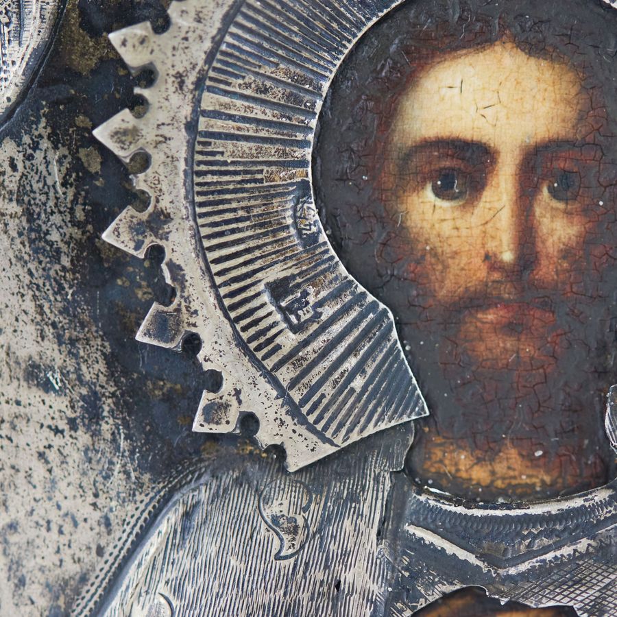 Antique Icon of the Holy Blessed Prince Alexander Nevsky in a silver frame. The turn of the 19th-20th centuries.