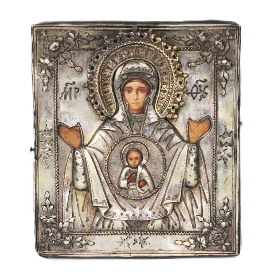 Novgorod Icon of the Mother of God The Sign in a Silver Frame. Russia. 19th Century