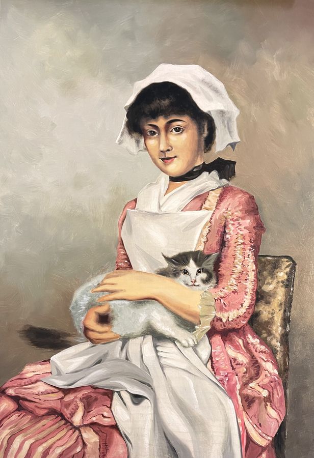 Antique European School, Portrait of a Lady with Cat, Mid-20th Century.