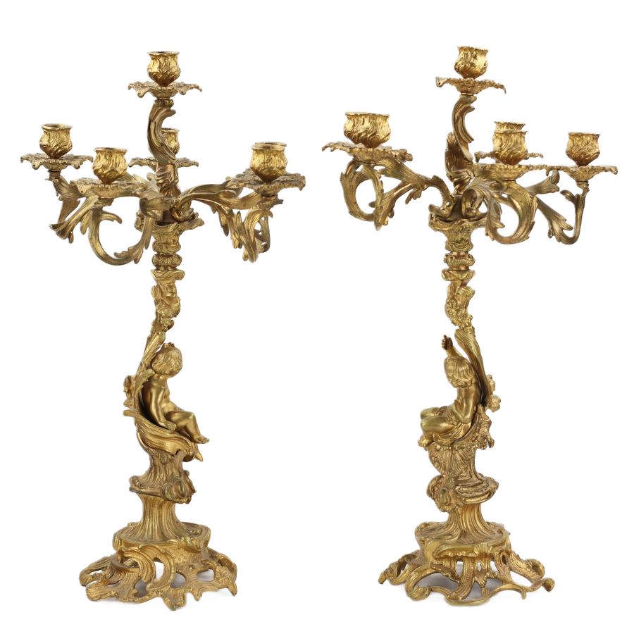 Antique Pair of gilded bronze candelabra. 19th century